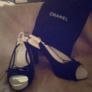 Chanel black and white sling back- peep toes