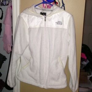 White furry hooded authentic north face