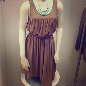 Taupe chiffon dress.