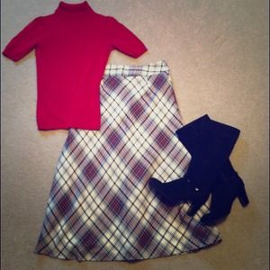70s style plaid skirt and turtleneck