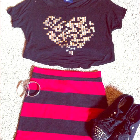 Bundle of cropped top and striped skirt