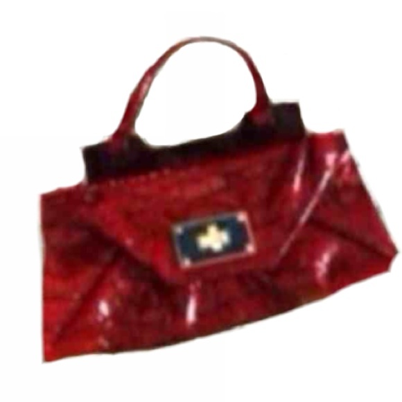 L) Red Croc Embossed Patent Leather Handbag Tote Purse - Picture 3 of 8