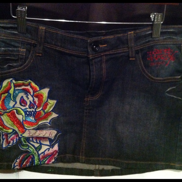 💲⬇Ed Hardy Denim Mini Skirt w/ Swarovski Crystal