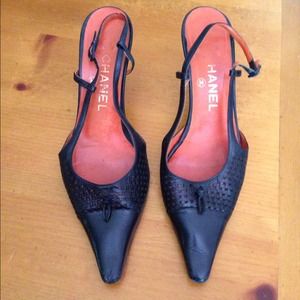 Chanel black leather sling backs