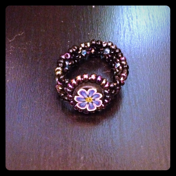 Purple Beaded Flower Stretch Ring