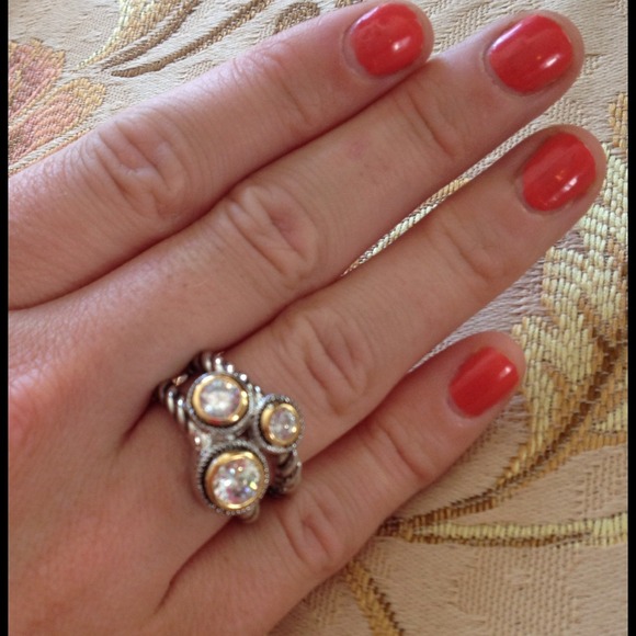 Three Stone Toi et Moi White Topaz Ring in 18K White Gold  SOLDNEW Tri-Crystal Double Cable Ring. White Topaz