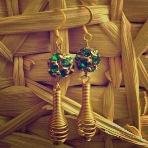 Handmade green color ball and gold earrings
