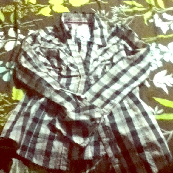 A guess jeans button down tan , black  blouse