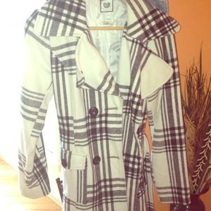 White with black stripes long peacoat.