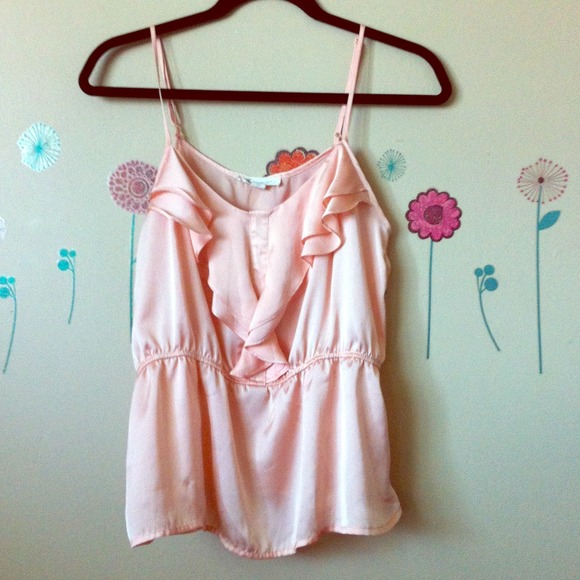 F21 peach colored, silk top with frills. Size L.