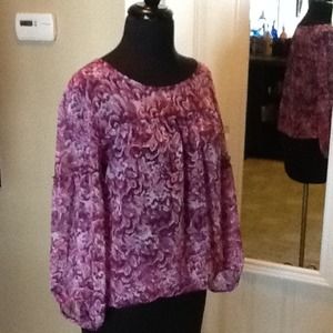 Chiffon gathered hem blouse 3/4 length sleeve