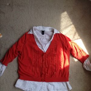 White button down top & orange sweater
