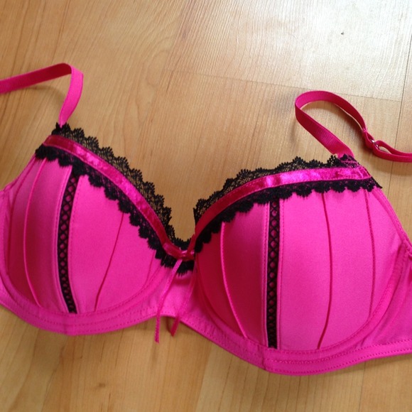 Hot pink bra w/ black lace trim. 36B new w/o tags!