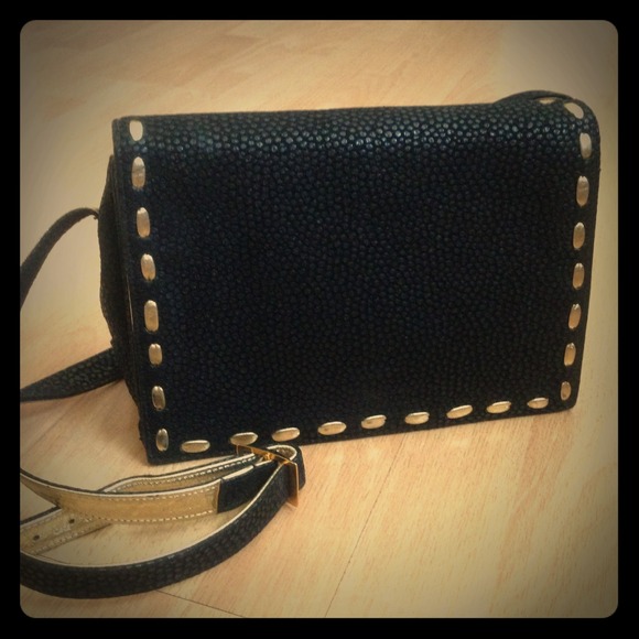 Black Leather Crossbody Purse Bag with Gold Trim