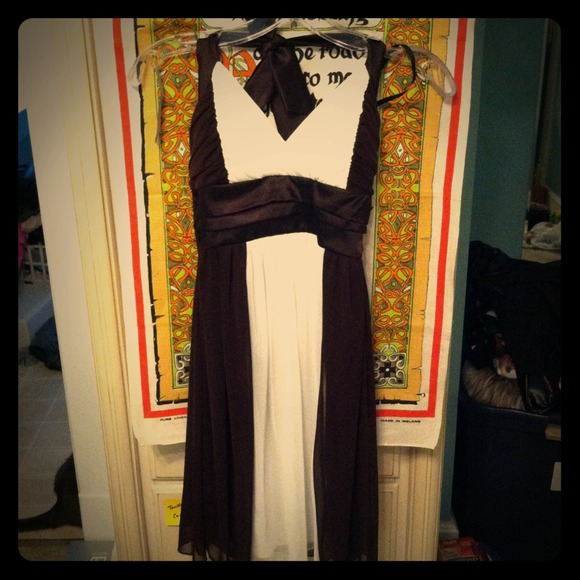 Timeless, flattering brown and white halter dress