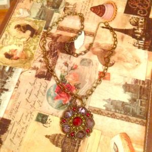 Vintage Gold Necklace with Purple & Red Gems