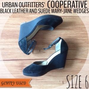 UO COOPERATIVE Leather and Suede Mary-Jane Wedges