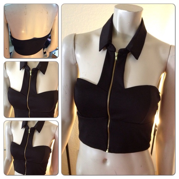 Black crop top with collar and zipper