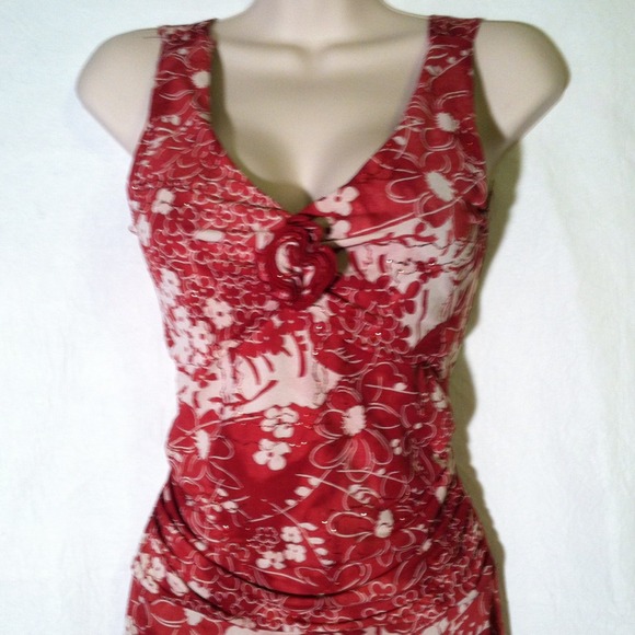 Creme & red dress with flower embellishment