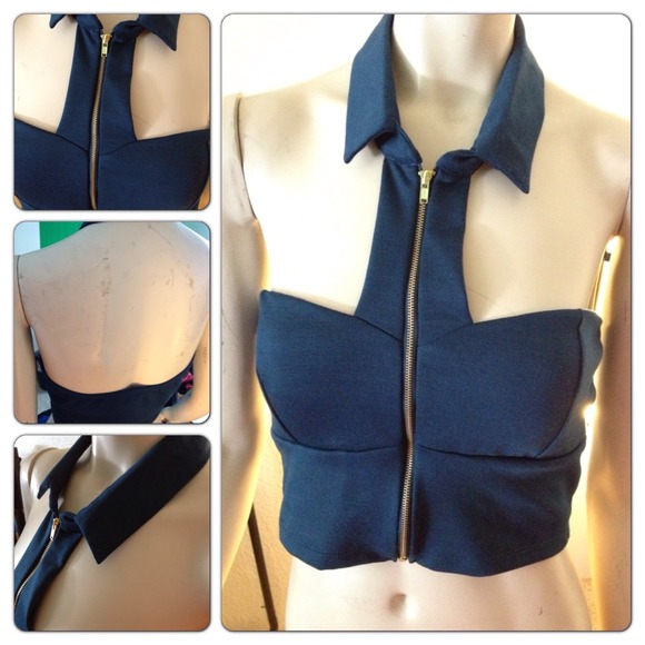 Dark teal crop top with collar and zipper