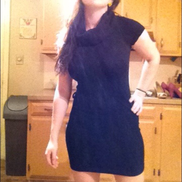 Black cowl neck sweater dress.