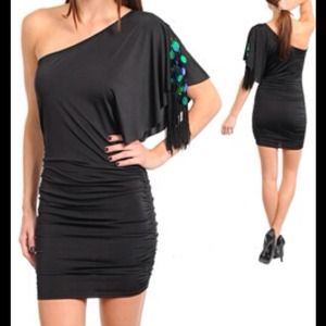 BLACK ONE SHOULDER DRAPED WITH SEQUINS Dress