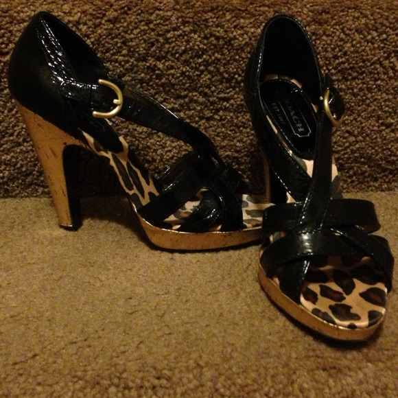 Coach patent sandals with metallic cork heels