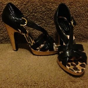 Coach patent sandals with metallic cork heels