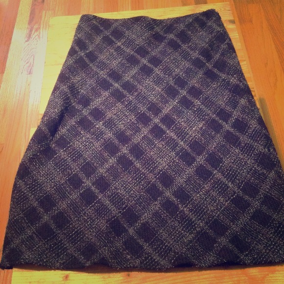 Dark purple plaid wool skirt, mid-calf