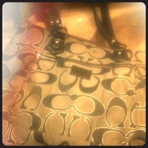 Grey and silver Coach tote hot pink lining