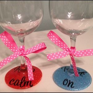 Keep Calm glitter wine glasses with bows