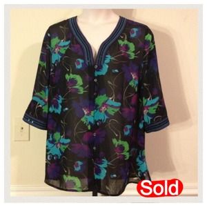 Maggie Barnes black/green sheer floral  tunic