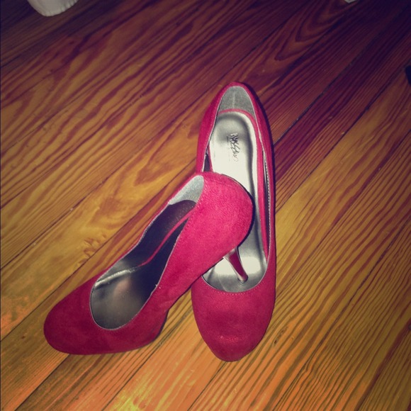 Red faux suede heels