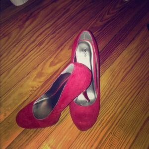 Red faux suede heels
