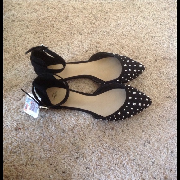 Black Zara Studded Flats with ankle straps