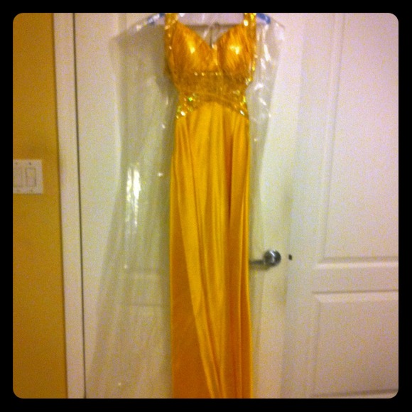 Golden/yellow long prom dress.
