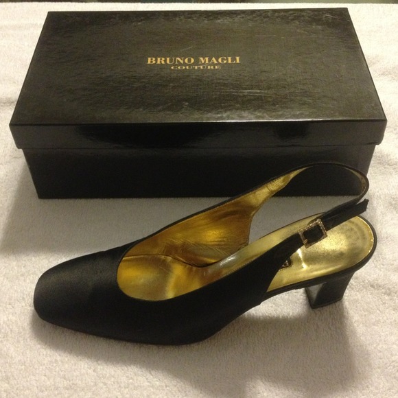 Bruno Magli black satin sling backs