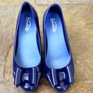 Blue jelly bow wedges