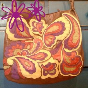 Purse with yellow, purple, green, and red detail
