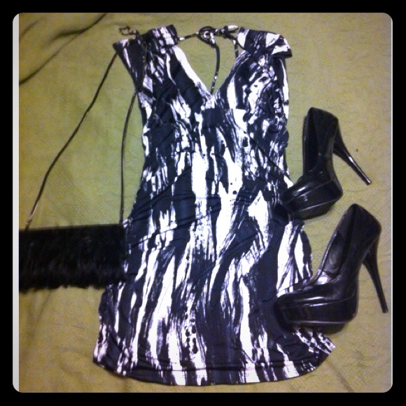 Clingy sexy short black & white dress.