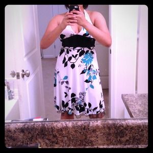 Floral Halter Top Dress With Black Lace Trim