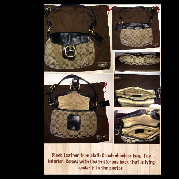 Black Leather and tan cloth Coach Purse