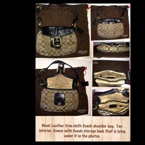 Black Leather and tan cloth Coach Purse