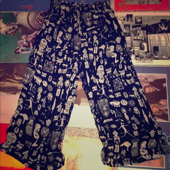 >Traded<Retro loose linen slacks with Tribal print