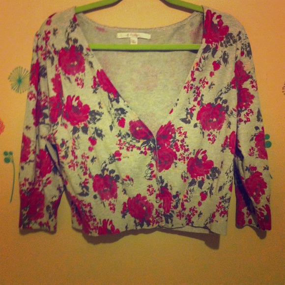 Grey with hot pink roses cropped sweater