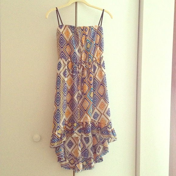 Strapless tribal print hi-lo dress
