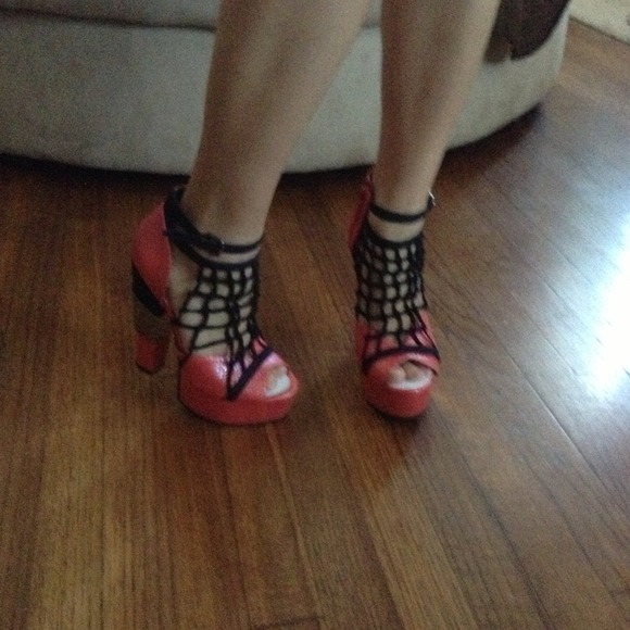 Pink/coral and black platform heels