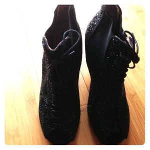Sparkly, sequined, peep toe, lace up, bootie