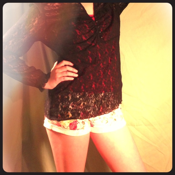 Stretchy black lace Henley