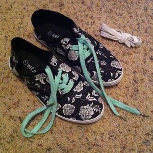 Black and white floral shoes.